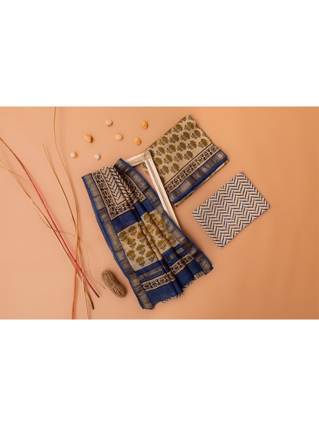 

ArtiZenWeaves Beige & Blue Printed Unstitched Dress Material