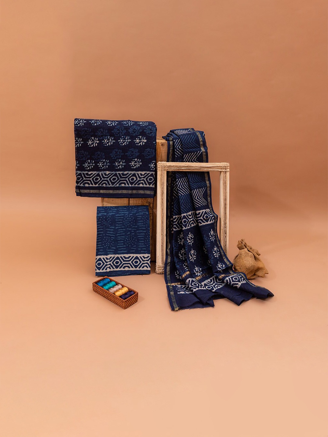 

ArtiZenWeaves Blue & Cream-Coloured Printed Pure Silk Unstitched Dress Material