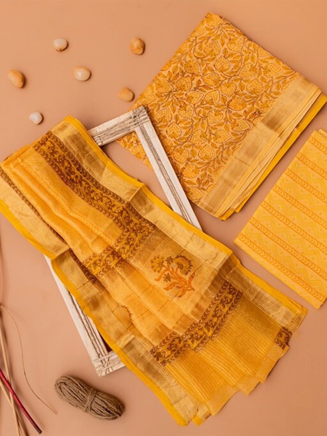 

ArtiZenWeaves Yellow & Beige Printed Maheshwari Unstitched Dress Material