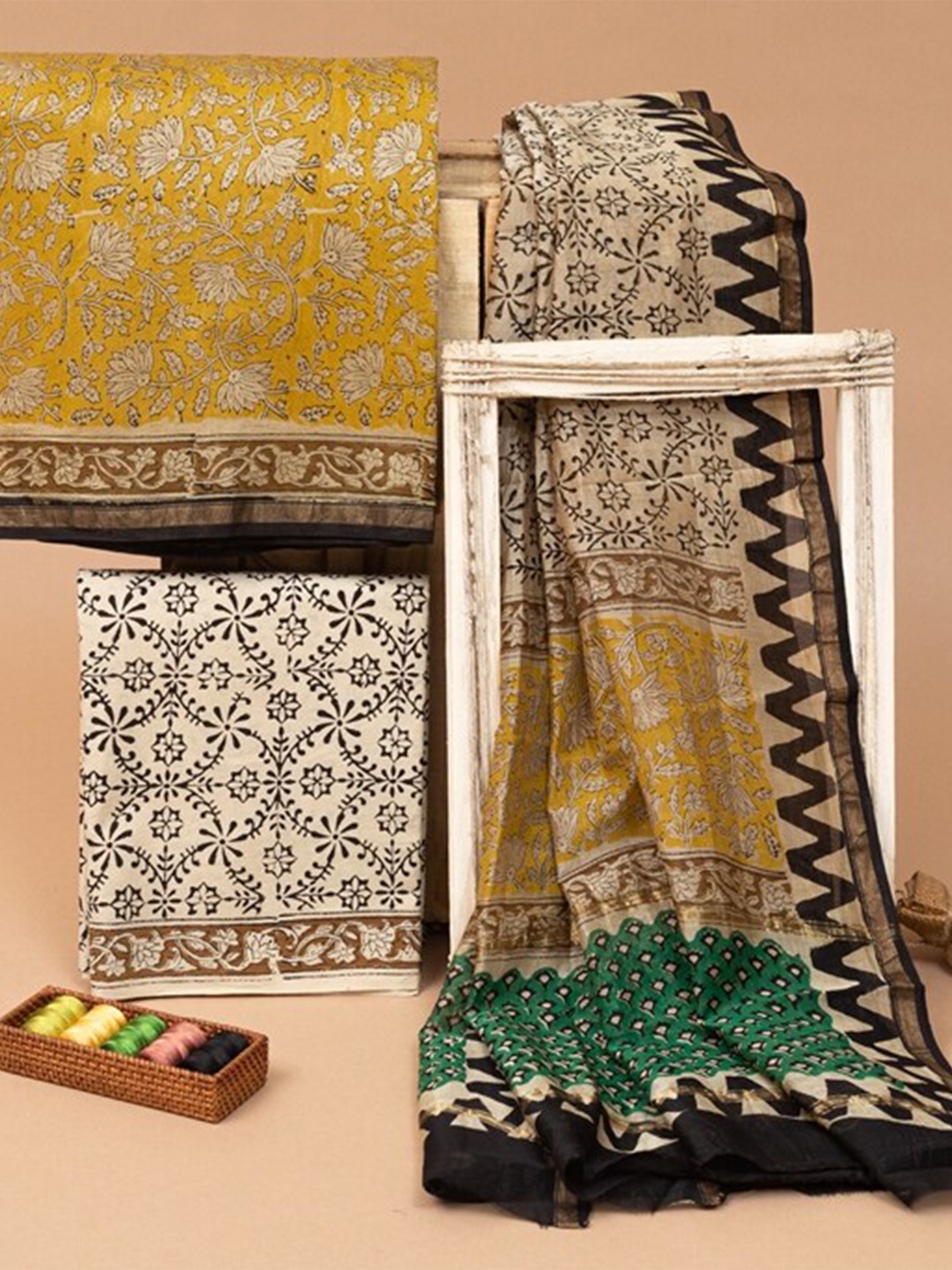 

ArtiZenWeaves Women Yellow & Beige Printed Unstitched Dress Material