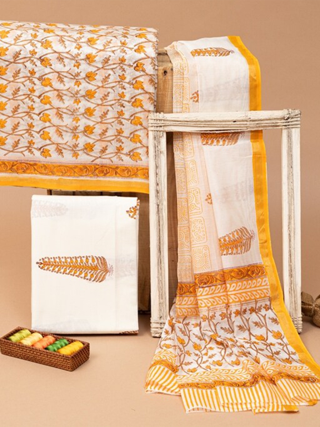 

ArtiZenWeaves Women White & Yellow Printed Pure Silk Unstitched Dress Material
