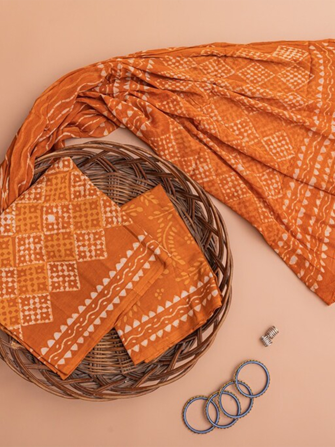 

ArtiZenWeaves Women Orange & Cream Printed Pure Cotton Unstitched Dress Material