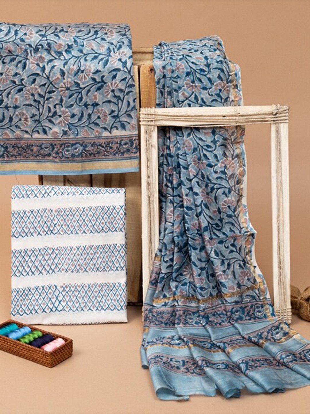 

ArtiZenWeaves Women Blue & Off White Printed Unstitched Dress Material