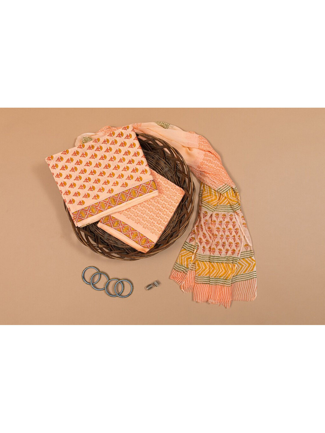 

ArtiZenWeaves Women 3 piece Orange & Yellow Printed Pure Cotton Unstitched Dress Material