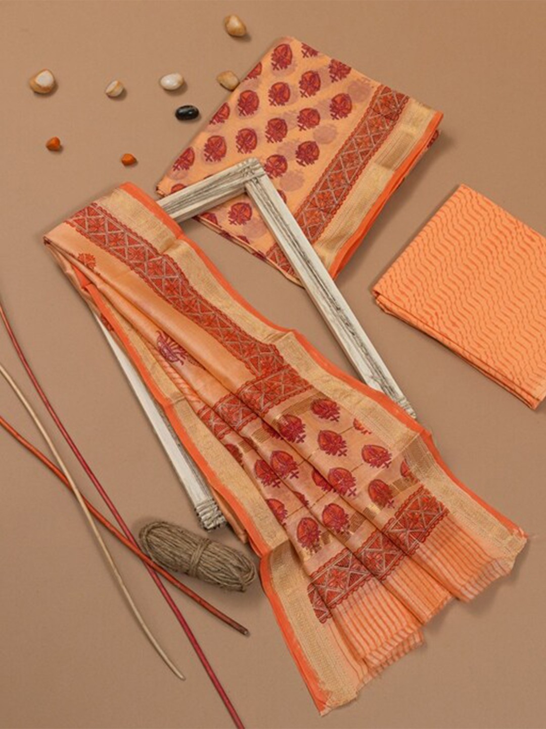 

ArtiZenWeaves Women 3 piece Orange & Pink Printed Unstitched Dress Material