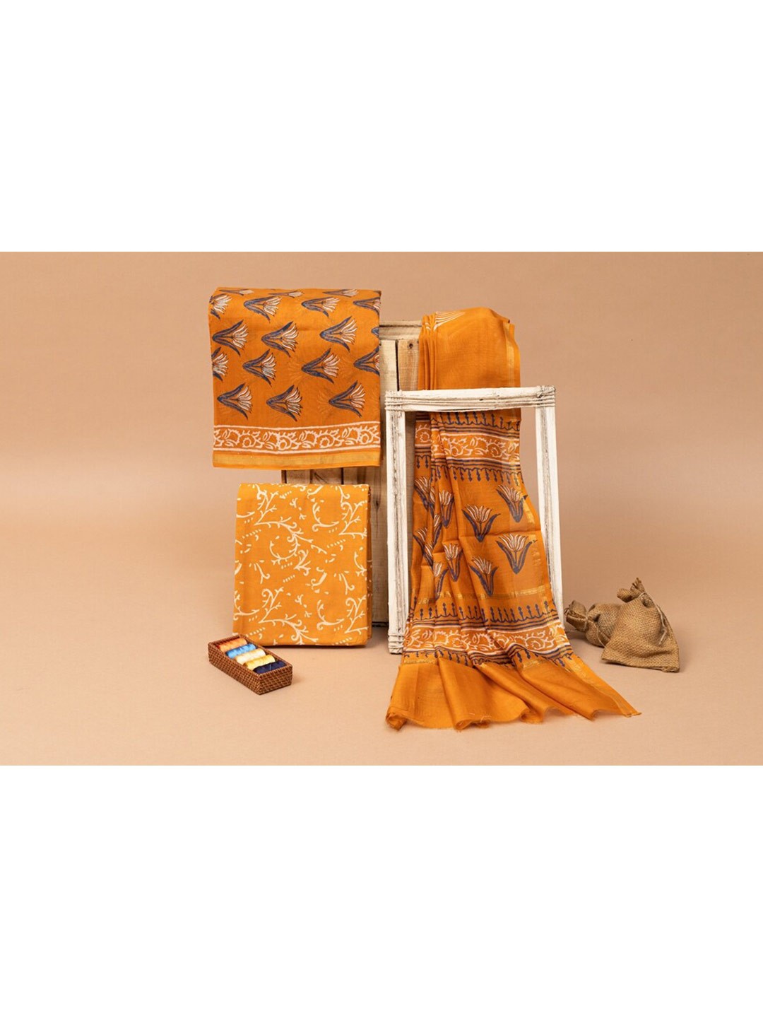 

ArtiZenWeaves Women 3 piece Orange & White Printed Unstitched Dress Material