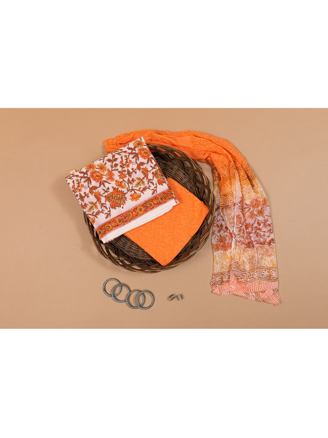 

ArtiZenWeaves Women 3 piece White & Orange Printed Pure Cotton Unstitched Dress Material