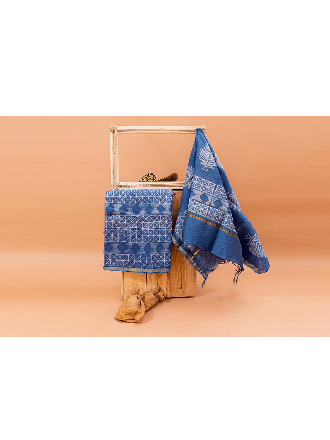 

ArtiZenWeaves Women 3 piece Blue & White Chanderi Silk Dyed Unstitched Dress Material