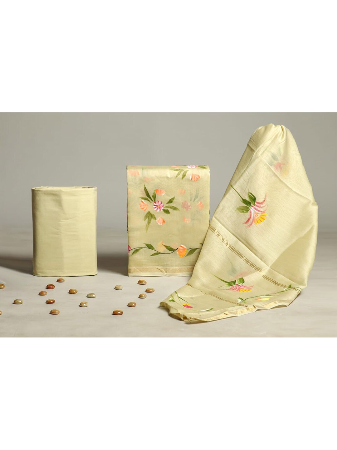 

ArtiZenWeaves Women 3 Piece Beige & Pink Printed Unstitched Dress Material