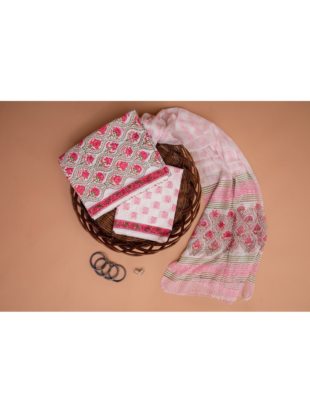 

ArtiZenWeaves Women 3 Piece White & Pink Printed Pure Cotton Unstitched Dress Material