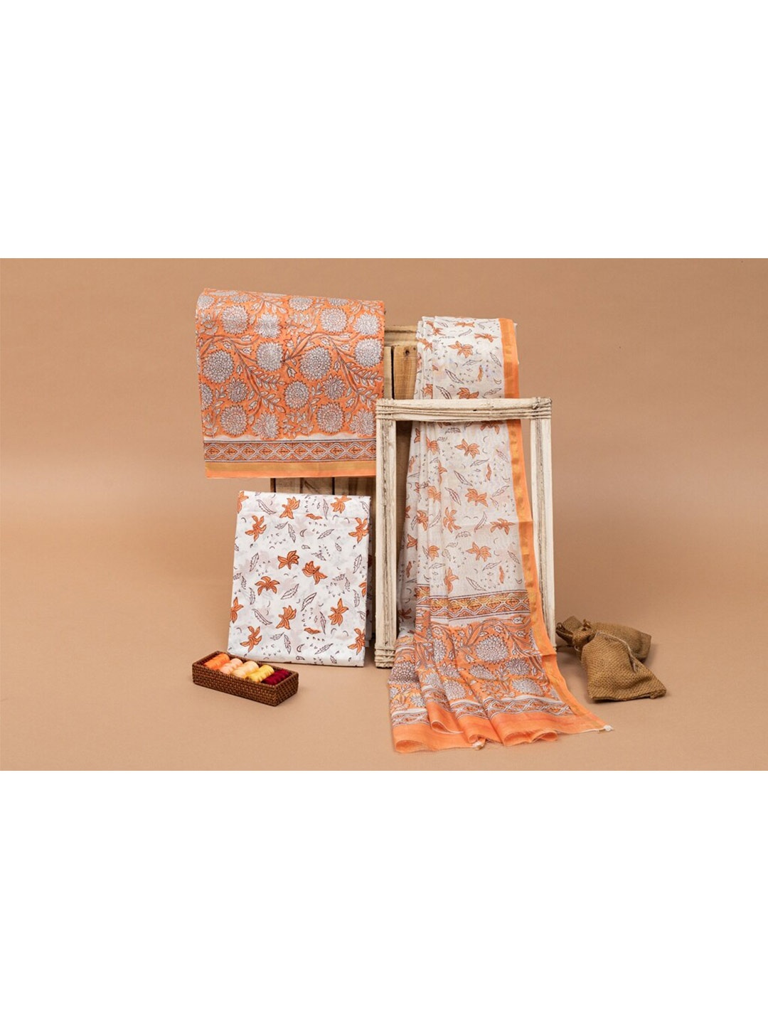 

ArtiZenWeaves Women 3 Piece Orange & White Printed Chanderi Silk Unstitched Dress Material