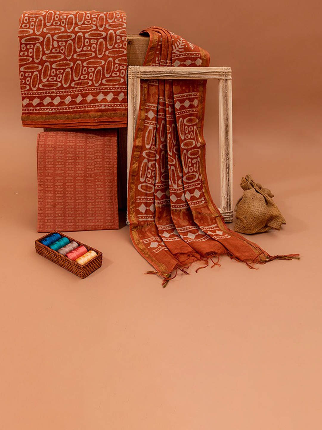 

ArtiZenWeaves Brown & Cream-Coloured Printed Chanderi Silk Unstitched Dress Material