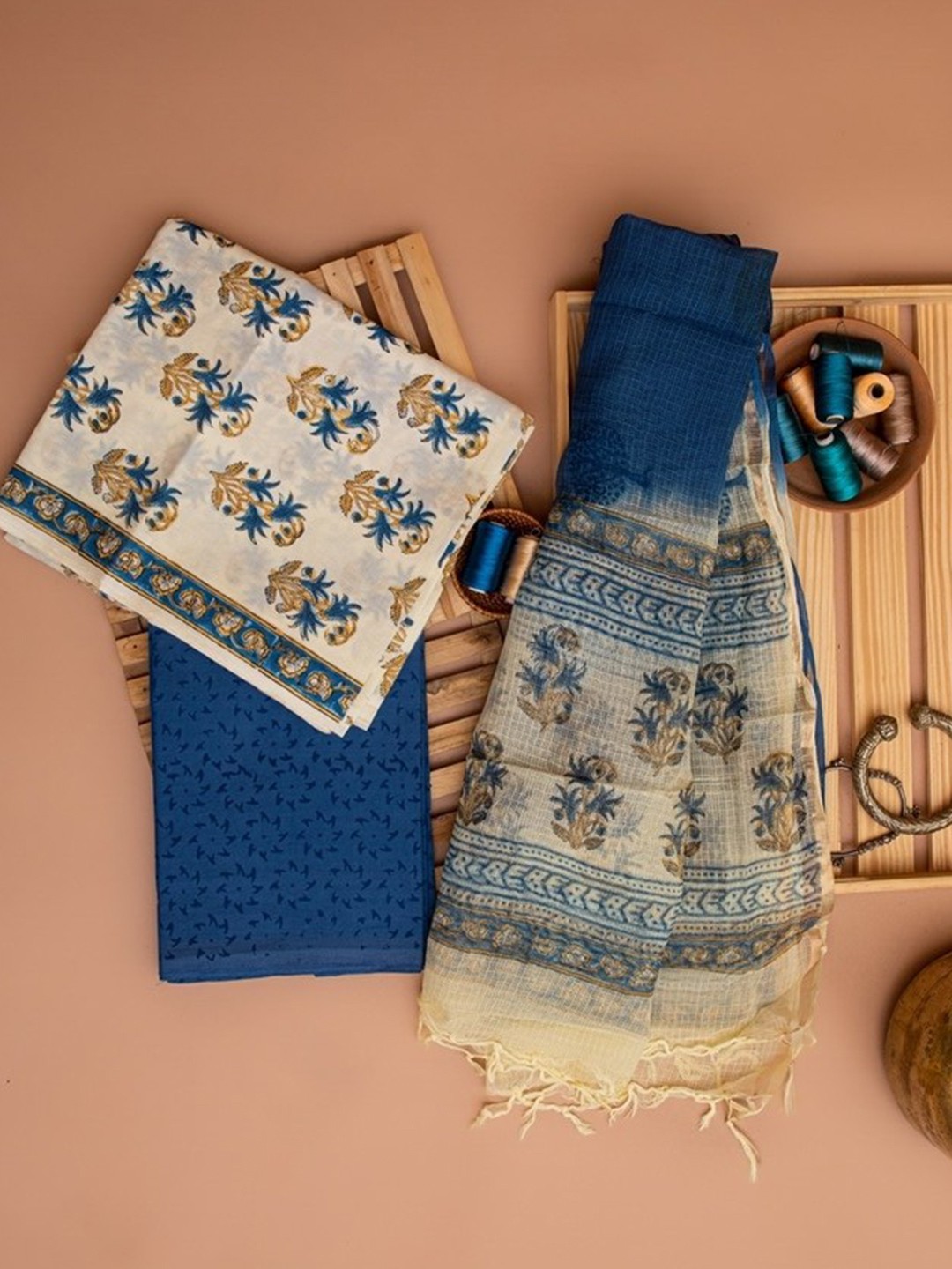 

ArtiZenWeaves Women 3 Piece Cream & Blue Printed Pure Cotton Unstitched Dress Material