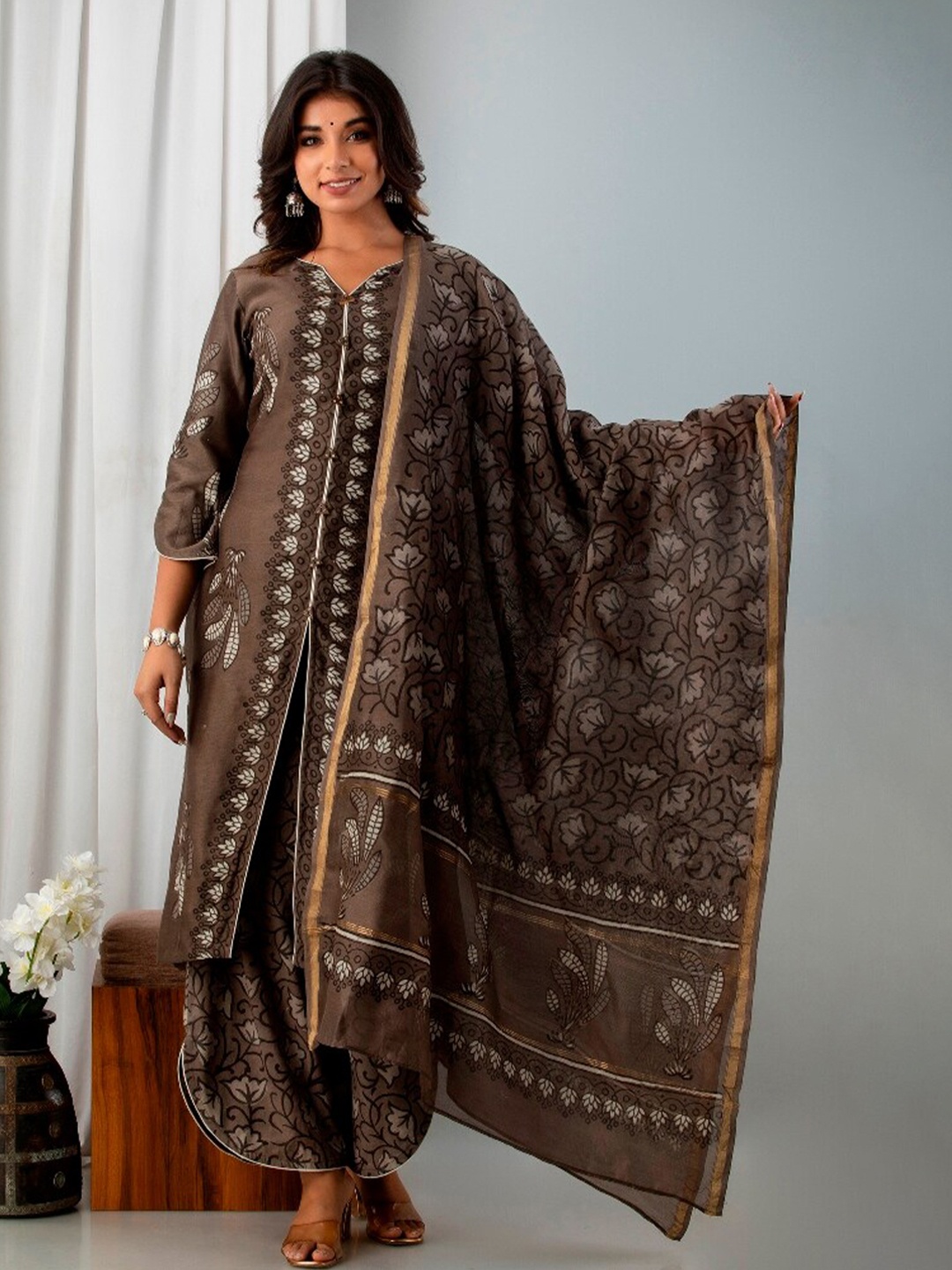 

ArtiZenWeaves Women 3 Piece Brown & Gold Printed Chanderi Silk Unstitched Dress Material