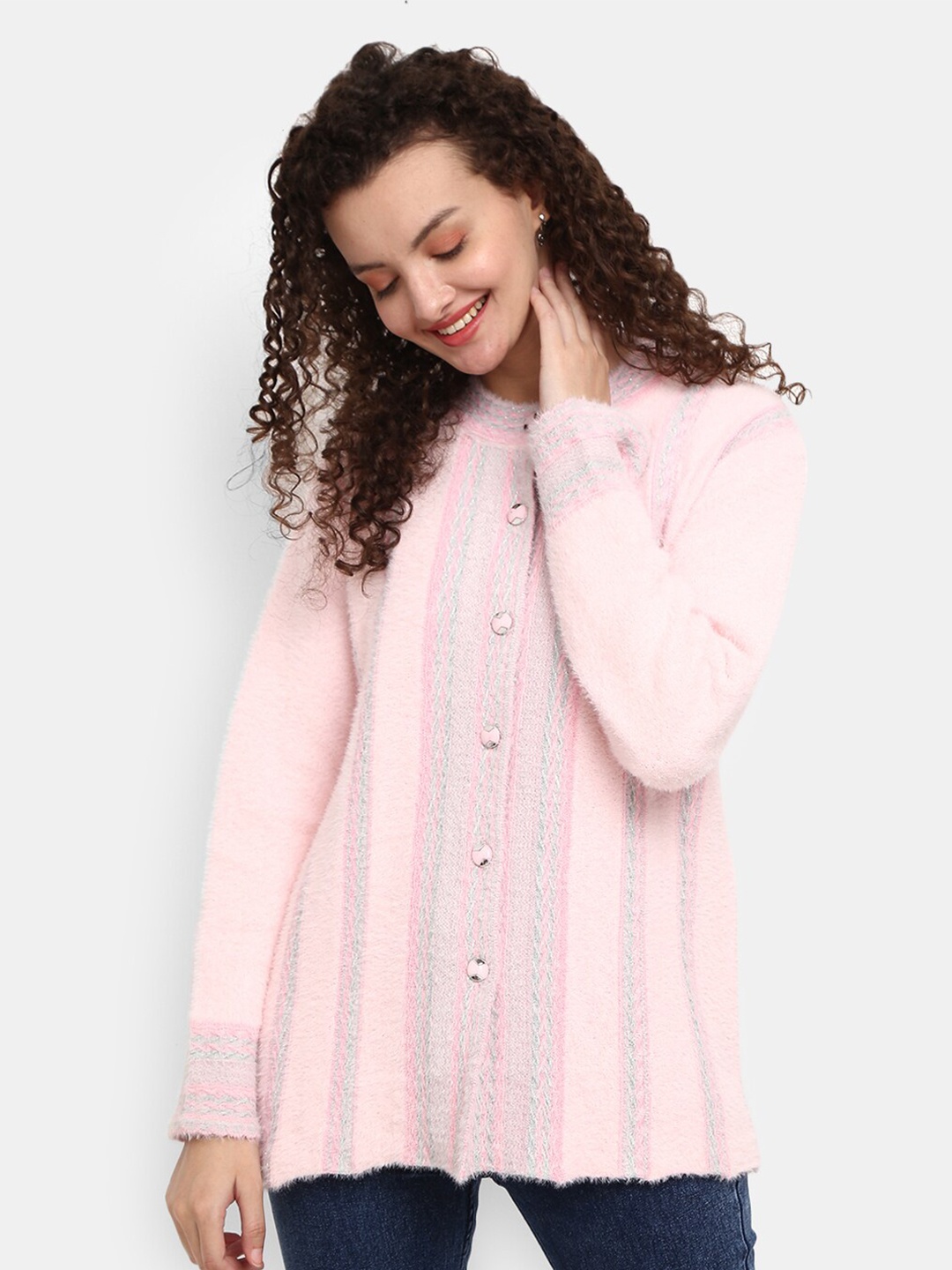 

V-Mart Women Pink Round Neck Acrylic Cardigan Sweater