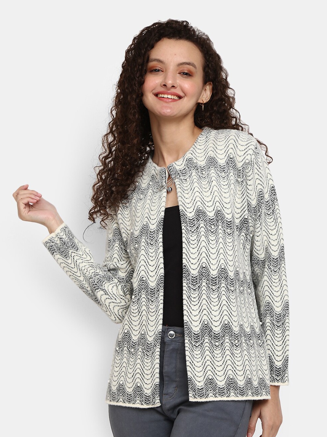 

V-Mart Women White & Grey Self Design Fleece Sweatshirt