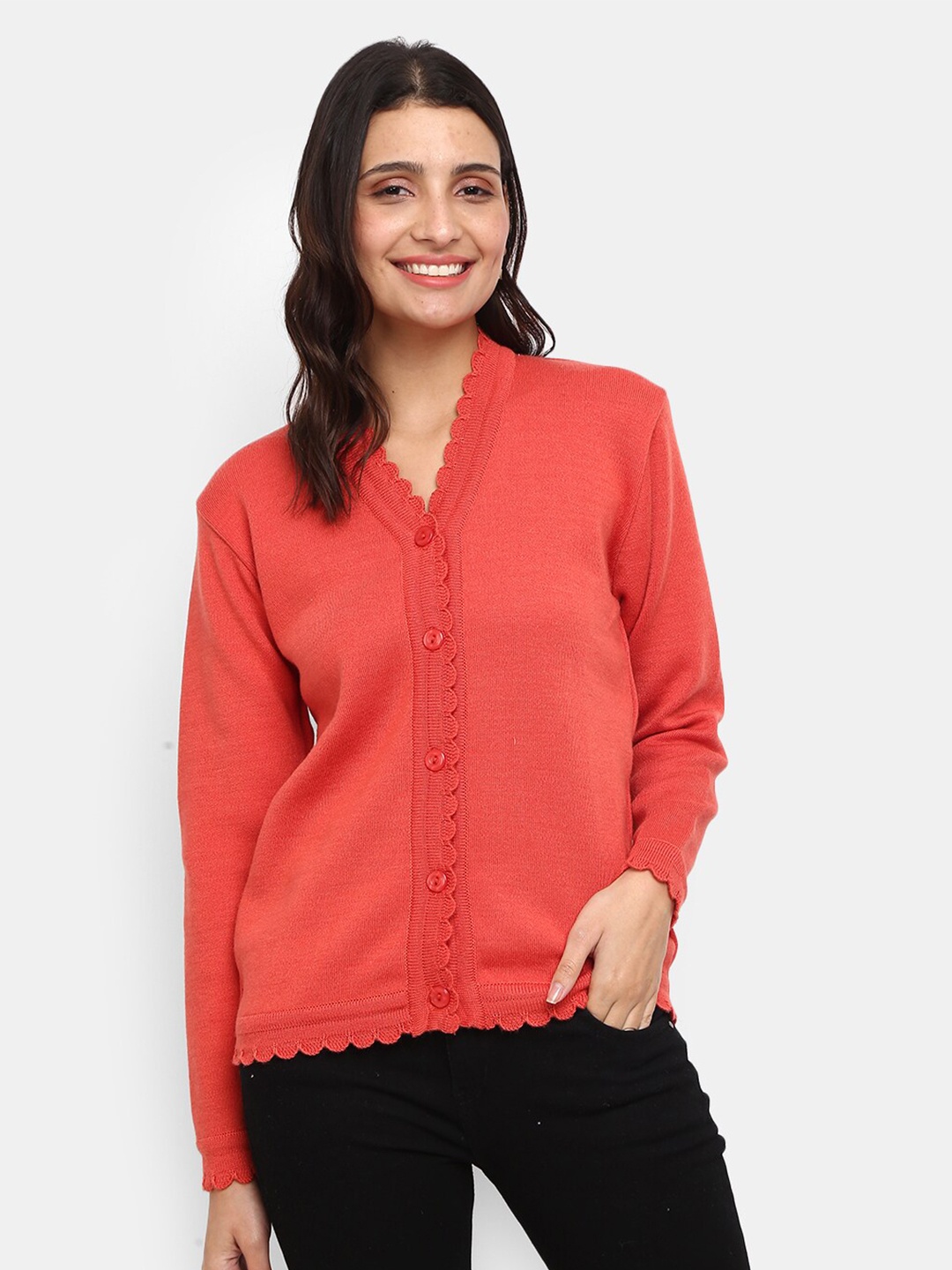 

V-Mart Women Coral V Neck Fleece Cardigan