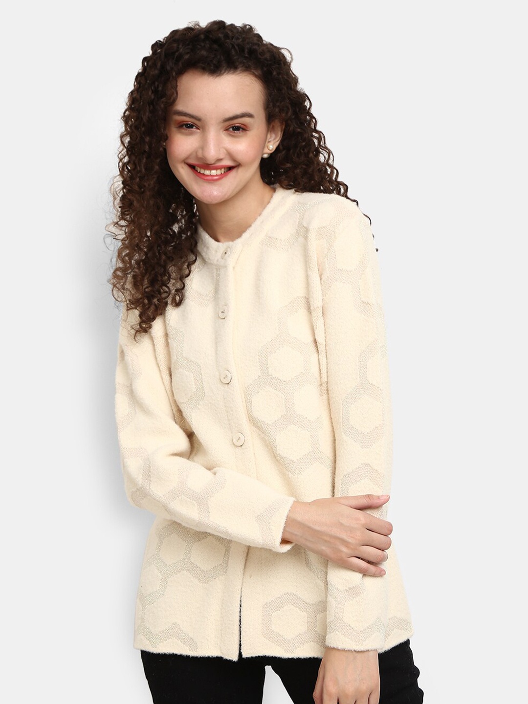 

V-Mart Women Beige Self Design Round Neck Fleece Cardigan