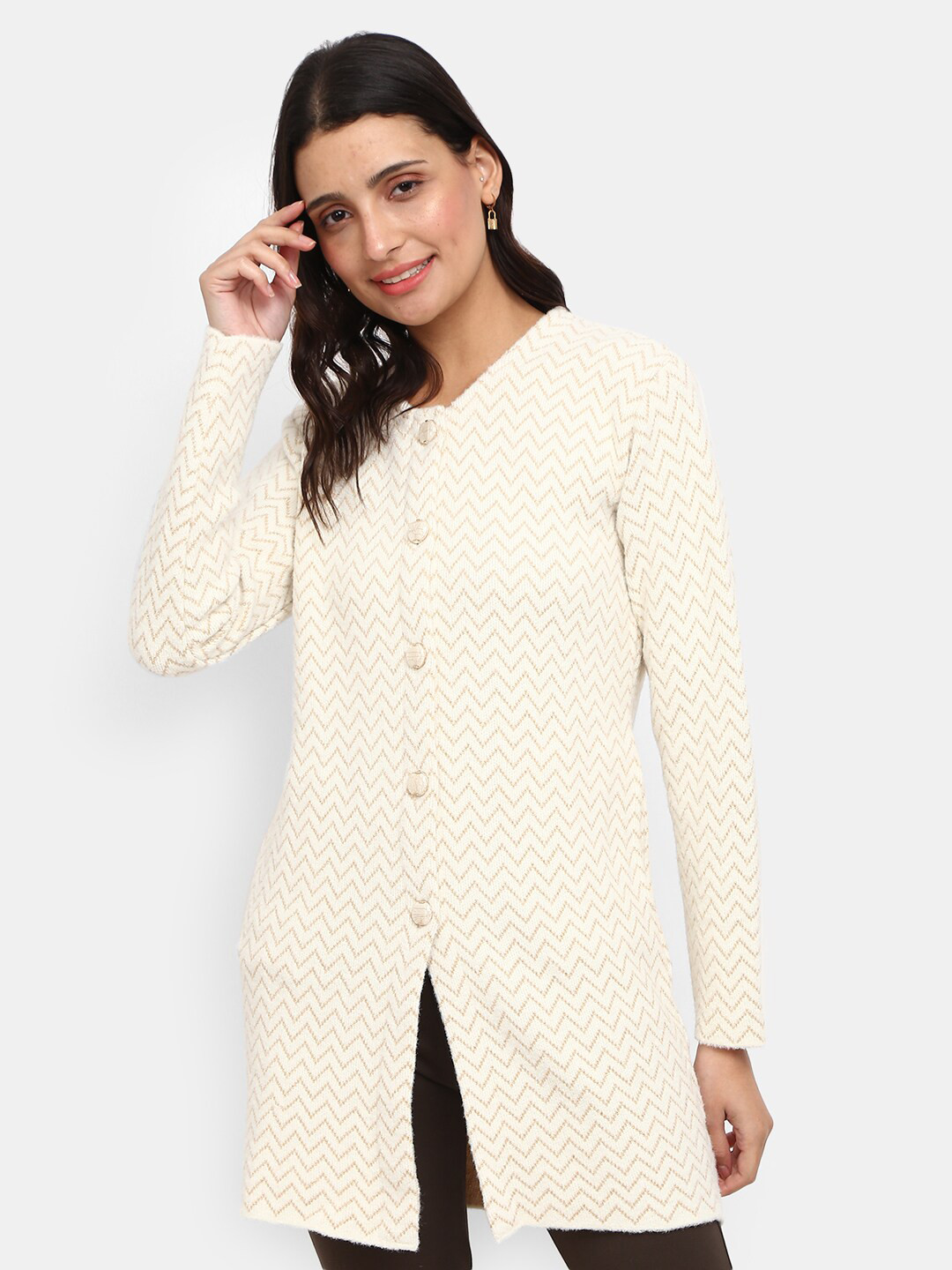 

V-Mart Women Off White Self Design Round Neck Cardigan