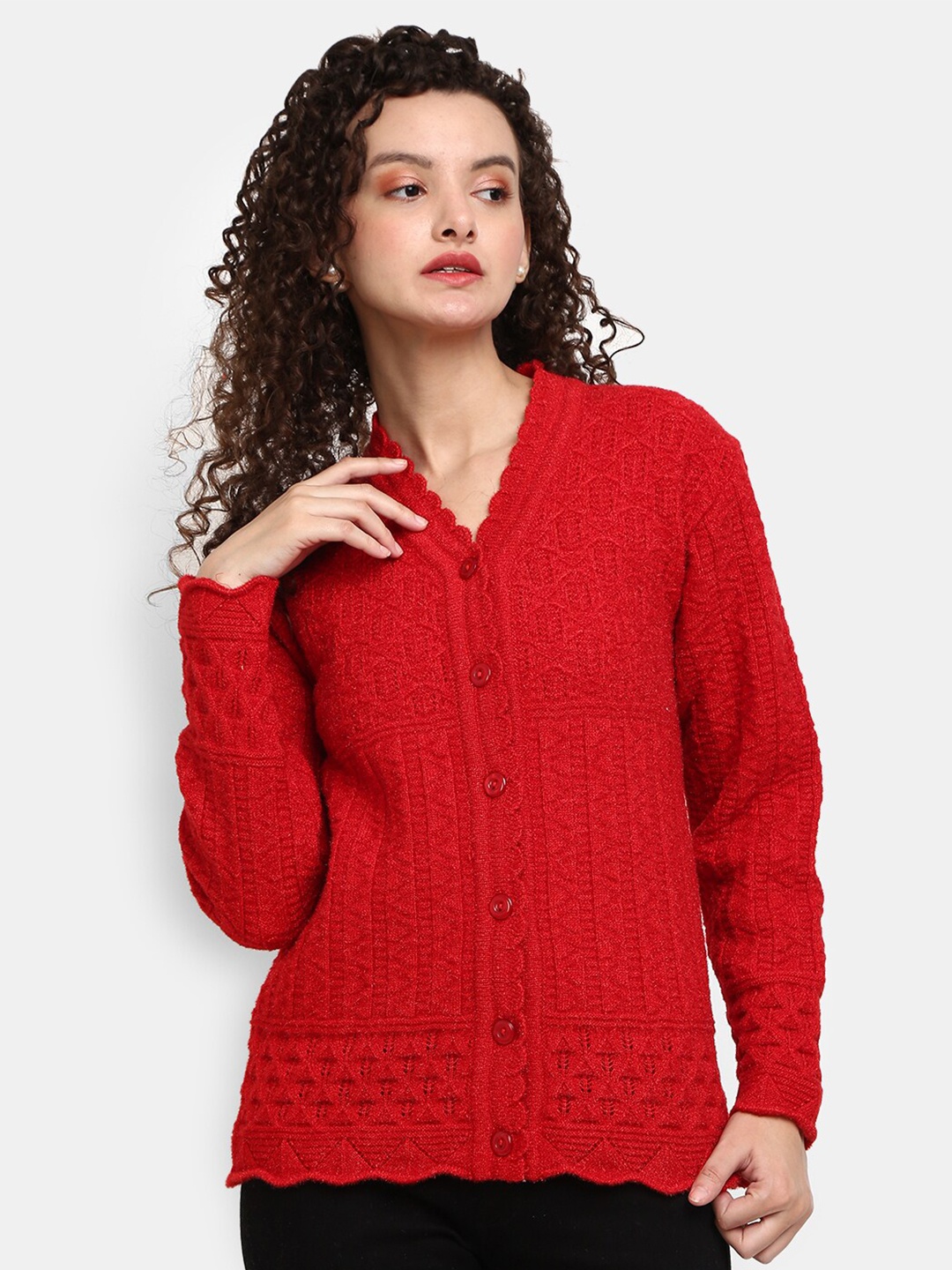 

V-Mart Women Red Self Design V Neck Cardigan
