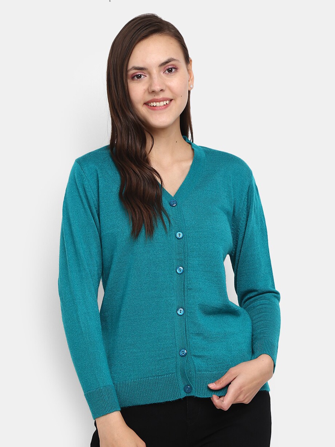 

V-Mart Women Teal Green V Neck Front-Open Cardigan