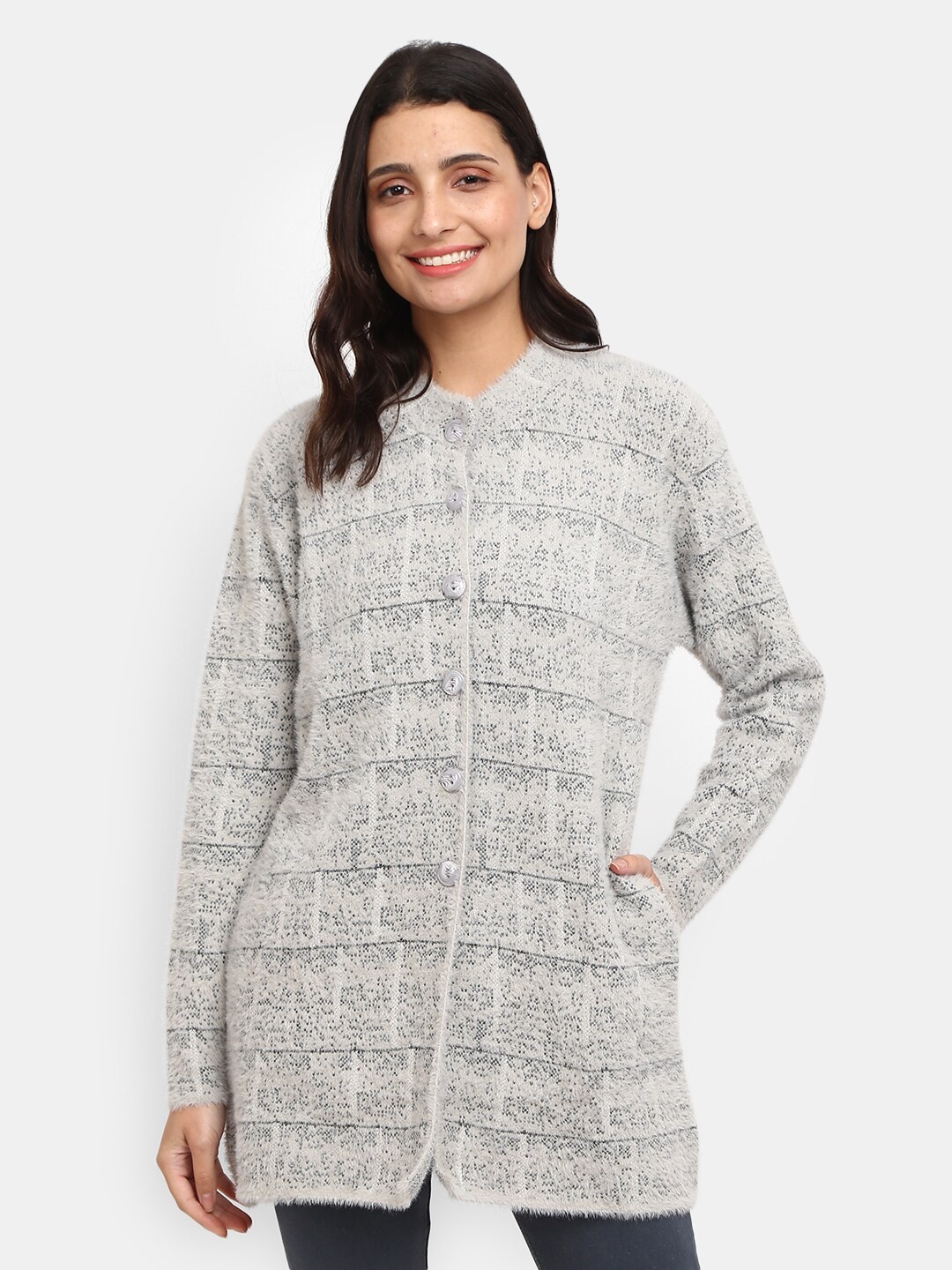

V-Mart Women Grey Self Design Mandarin Collar Cardigan