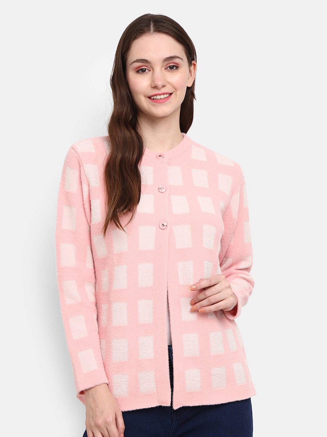 

V-Mart Women Pink & White Round Neck Long Sleeves Fleece Cardigan