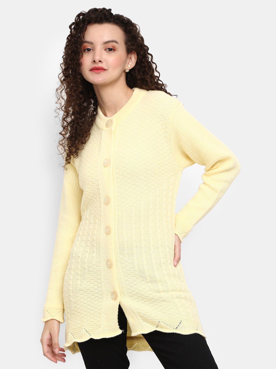 

V-Mart Women Yellow Self Design Round Neck Front-Open Cardigan