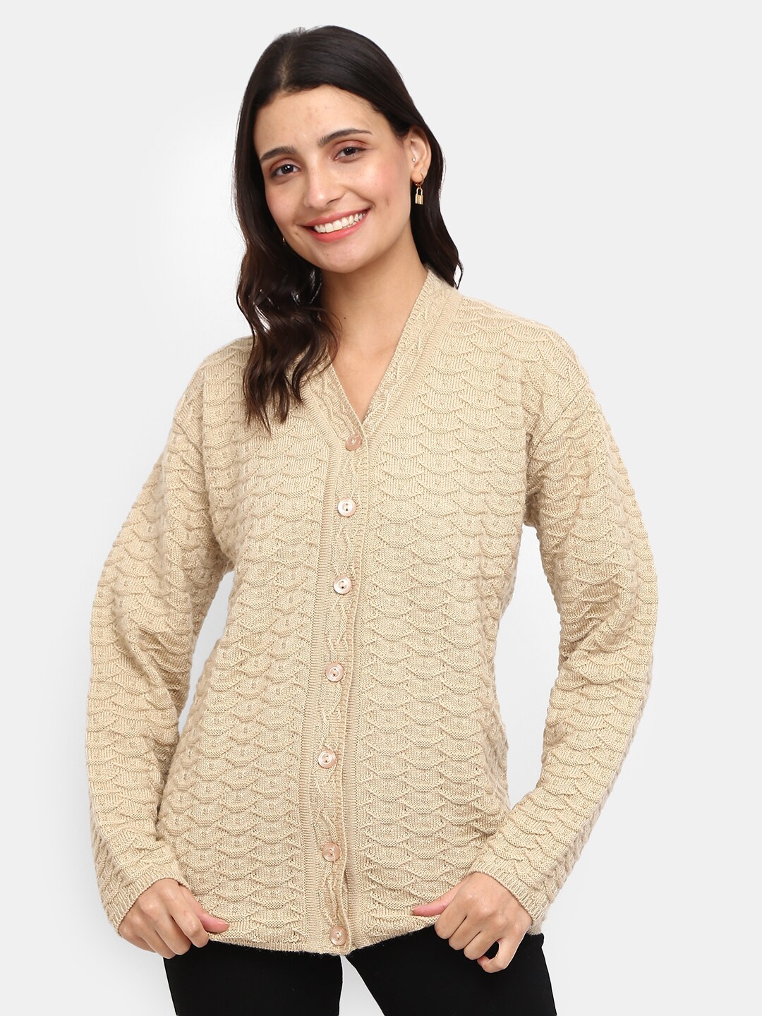 

V-Mart Women Beige Self Design V Neck Cardigan