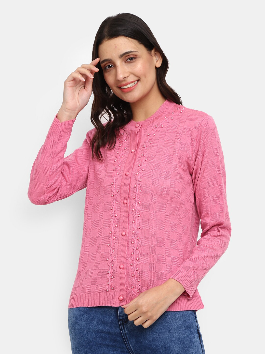 

V-Mart Women Pink Self Design Round Neck Cardigan