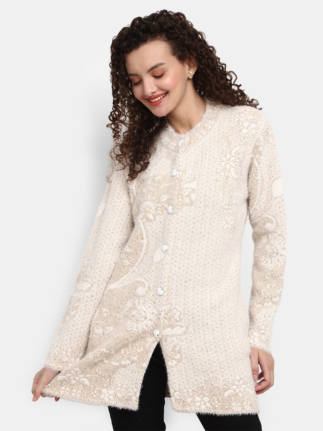 

V-Mart Women Off White Floral Longline Cardigan with Embroidered Detail
