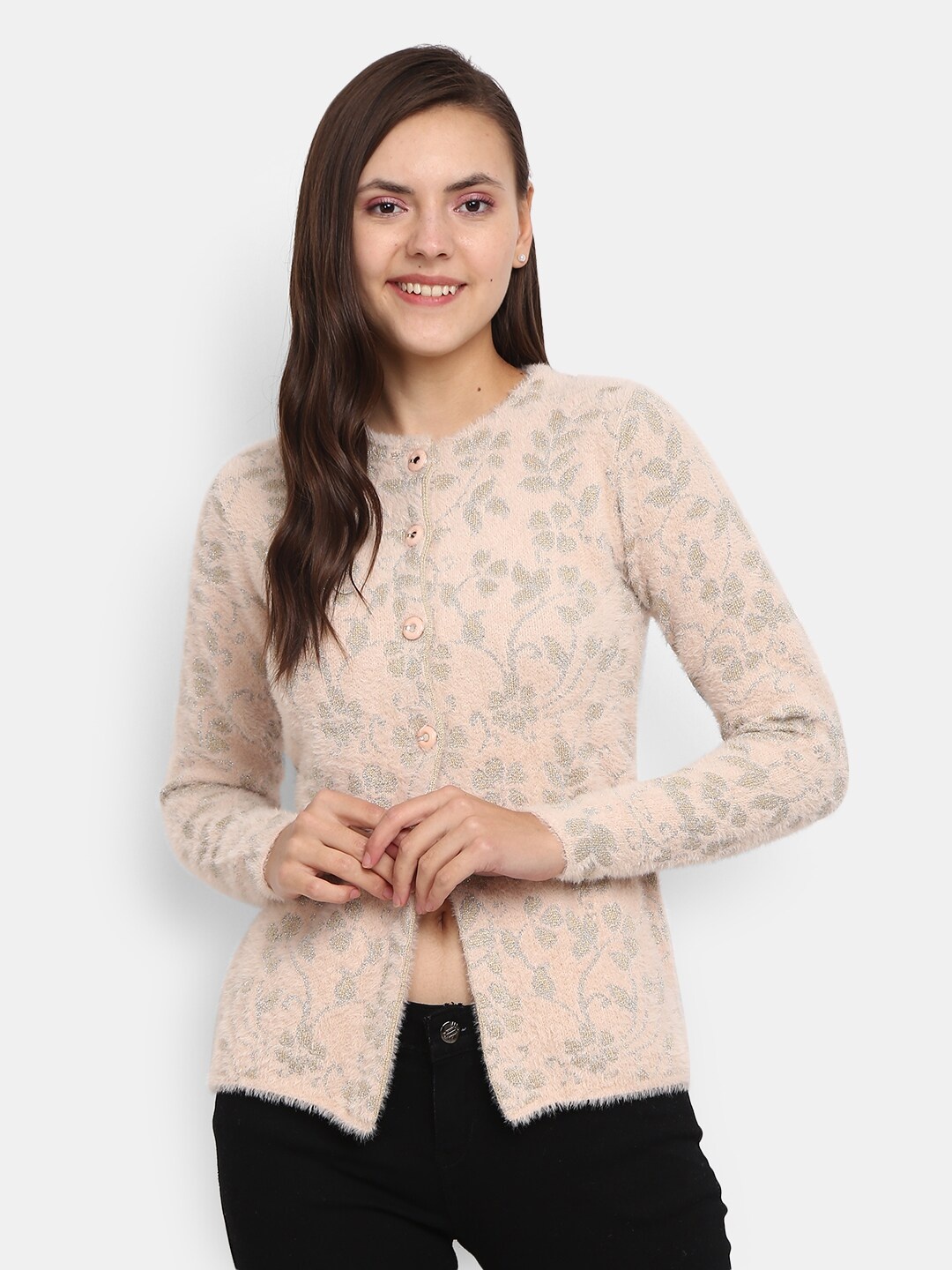 

V-Mart Women Peach-Coloured Self Design Round Neck Cardigan
