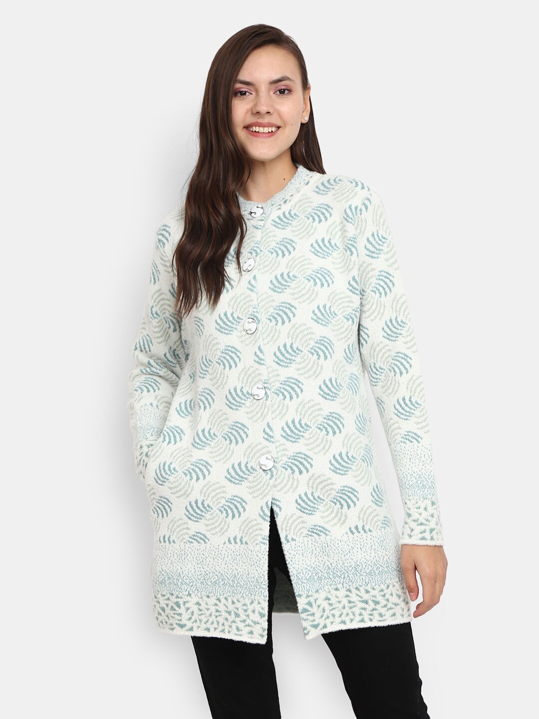 

V-Mart Women Off White Self Design Round Neck Cardigan