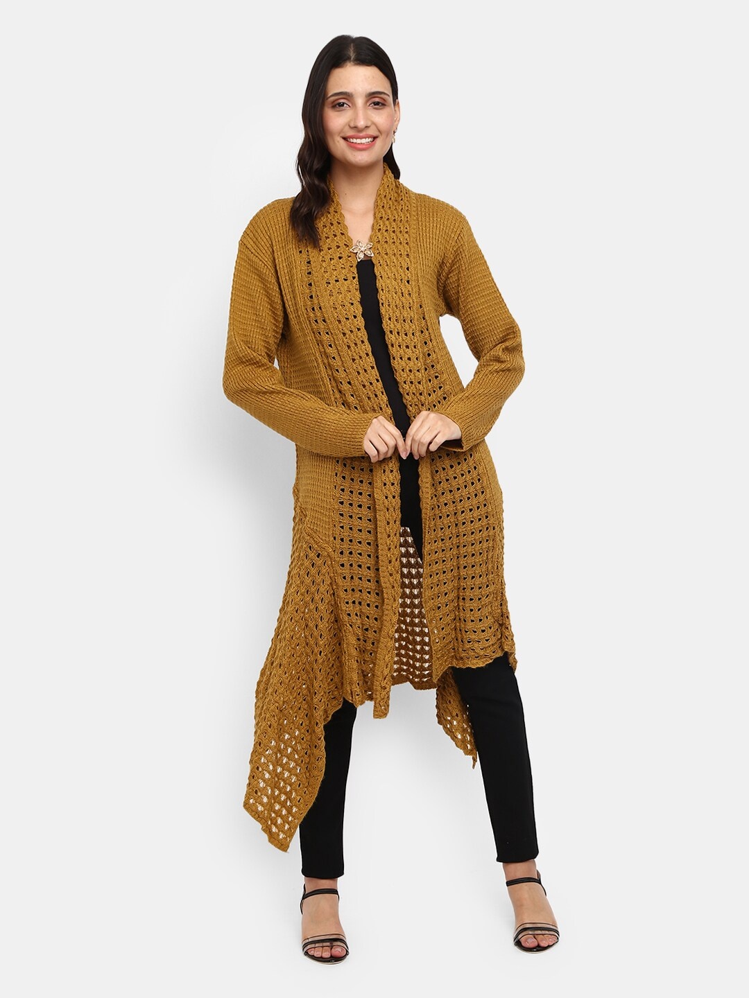 

V-Mart Women Mustard Yellow Self Design Front-Open Cardigan