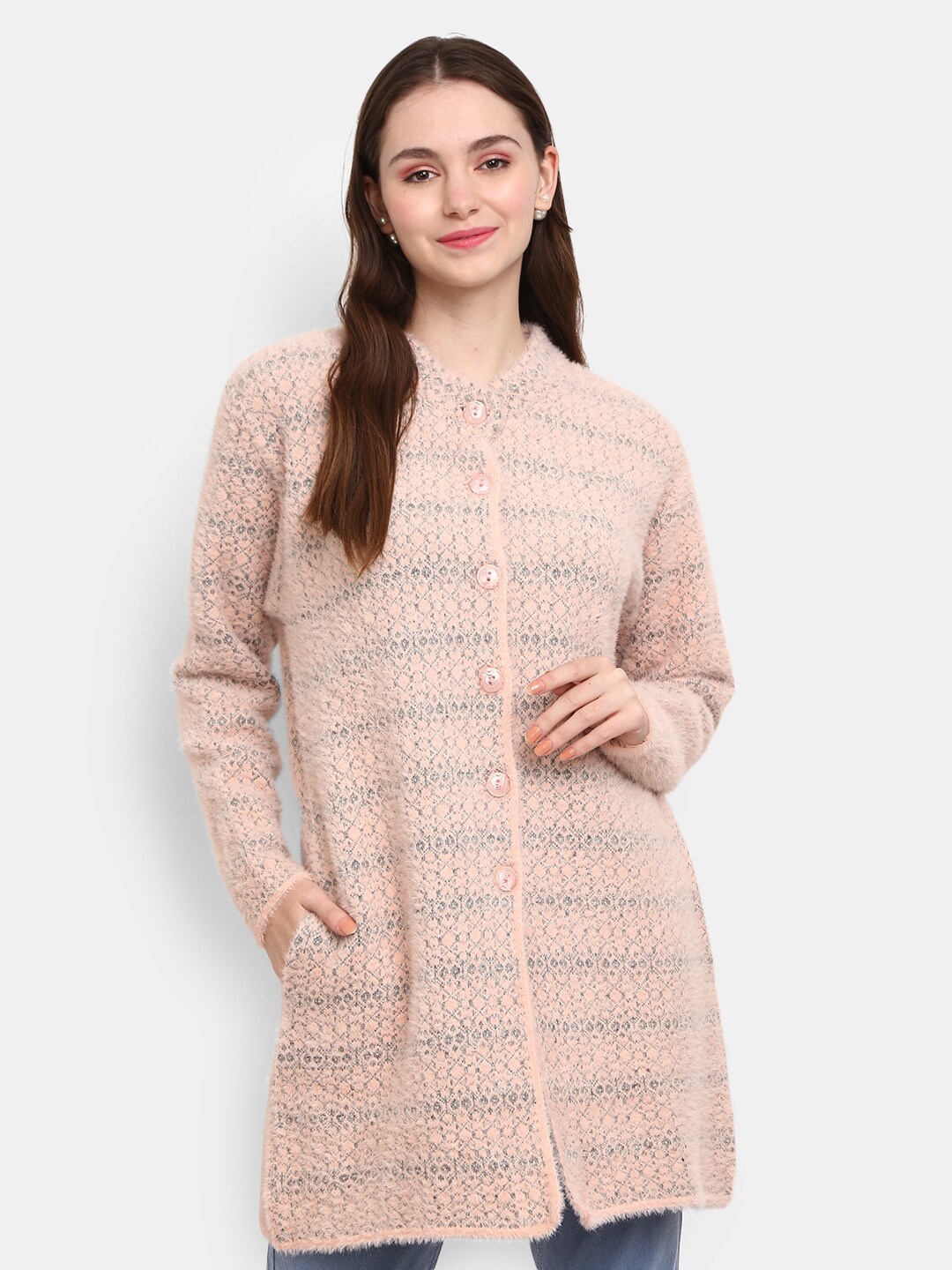 

V-Mart Women Pink Round Neck Self Design Cardigan