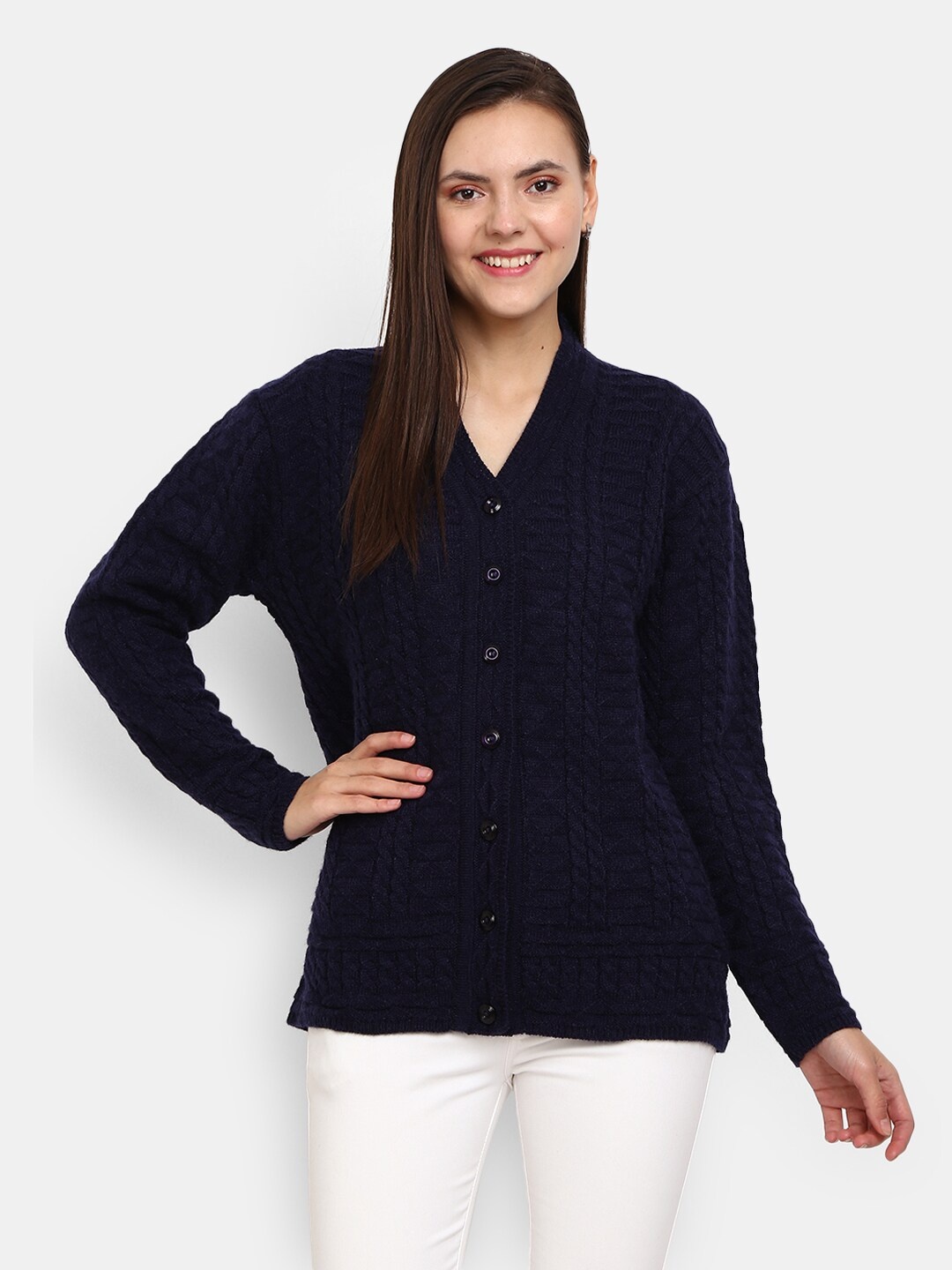 

V-Mart Women Navy Blue Self Design V Neck Cardigan