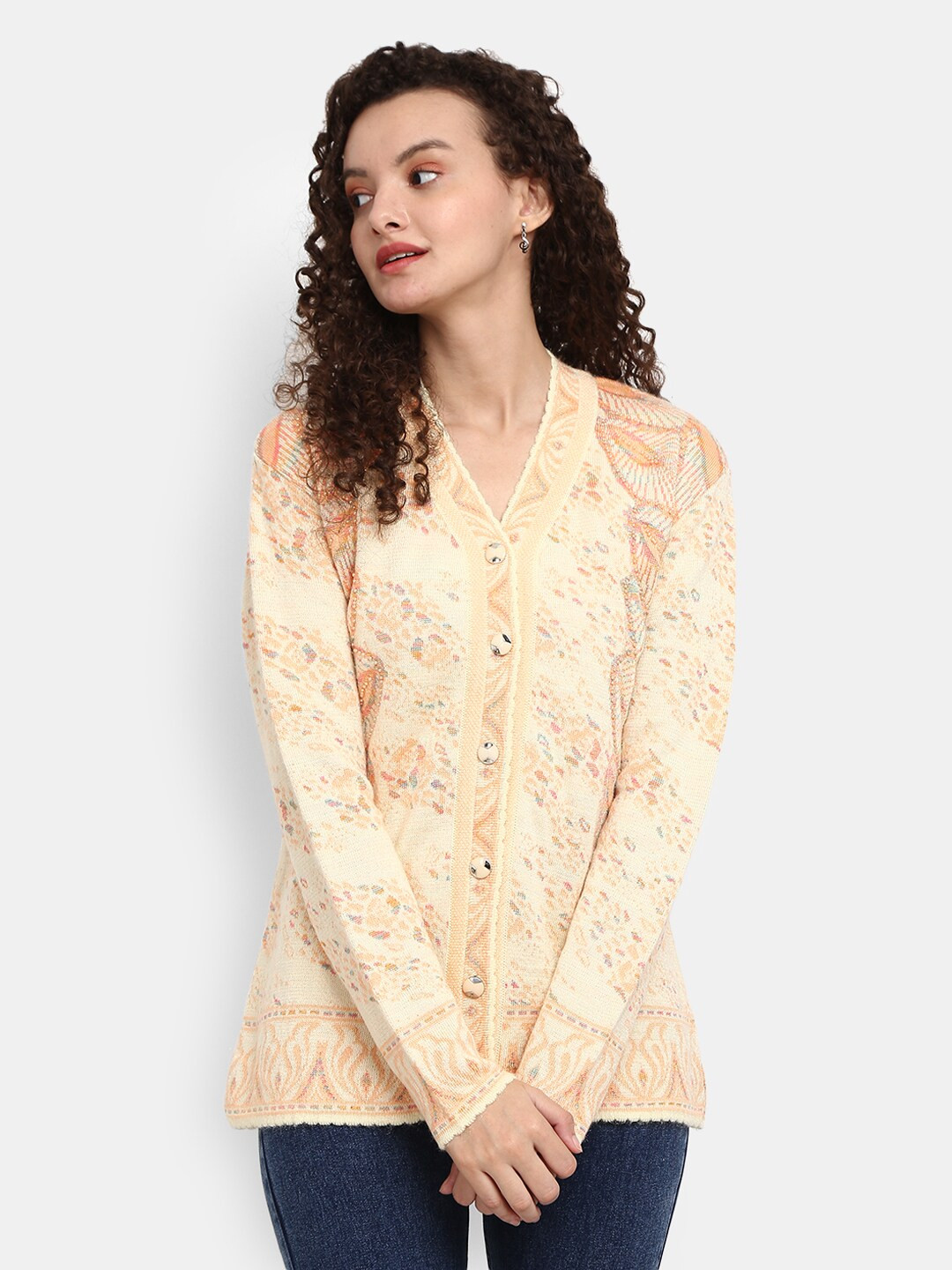 

V-Mart Women Orange V Neck Long Sleeves Cardigan