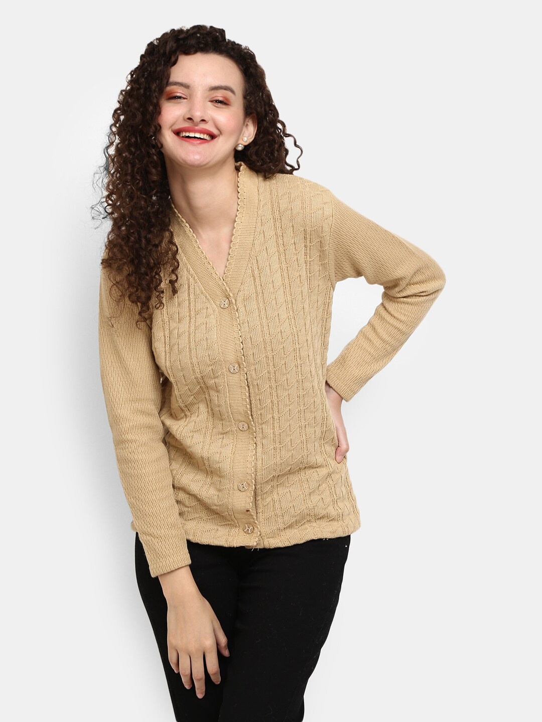 

V-Mart Women Beige Self Design V Neck Cardigan