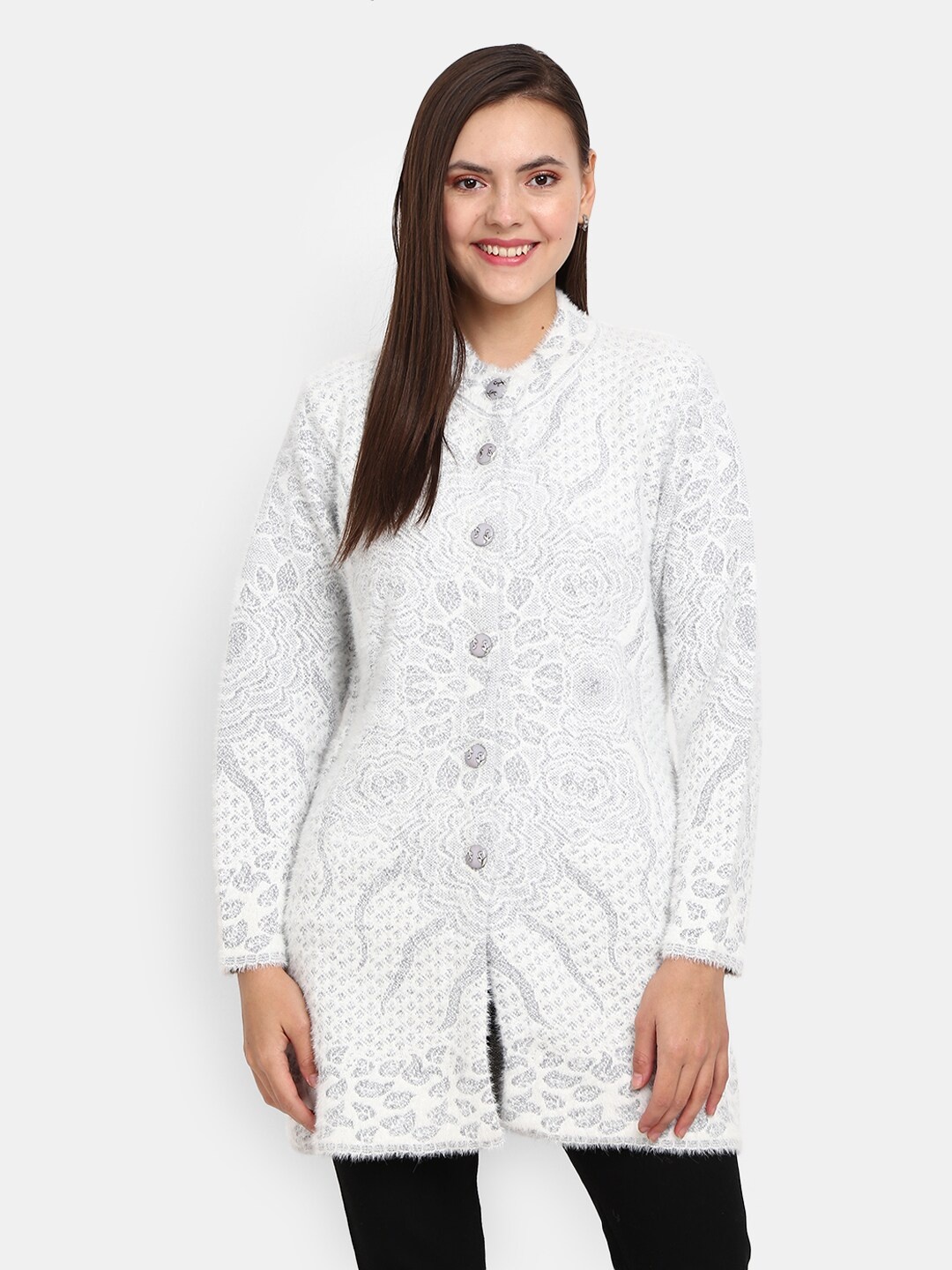 

V-Mart Women White & Grey Round Neck Cardigan