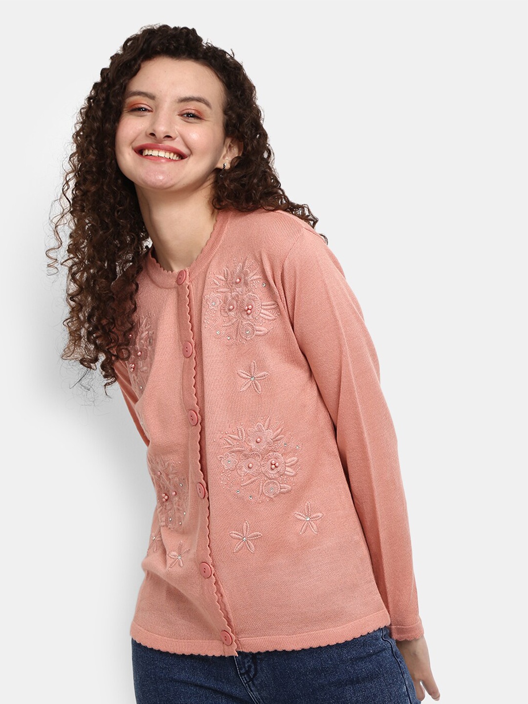 

V-Mart Women Peach-Coloured Floral Printed Cardigan