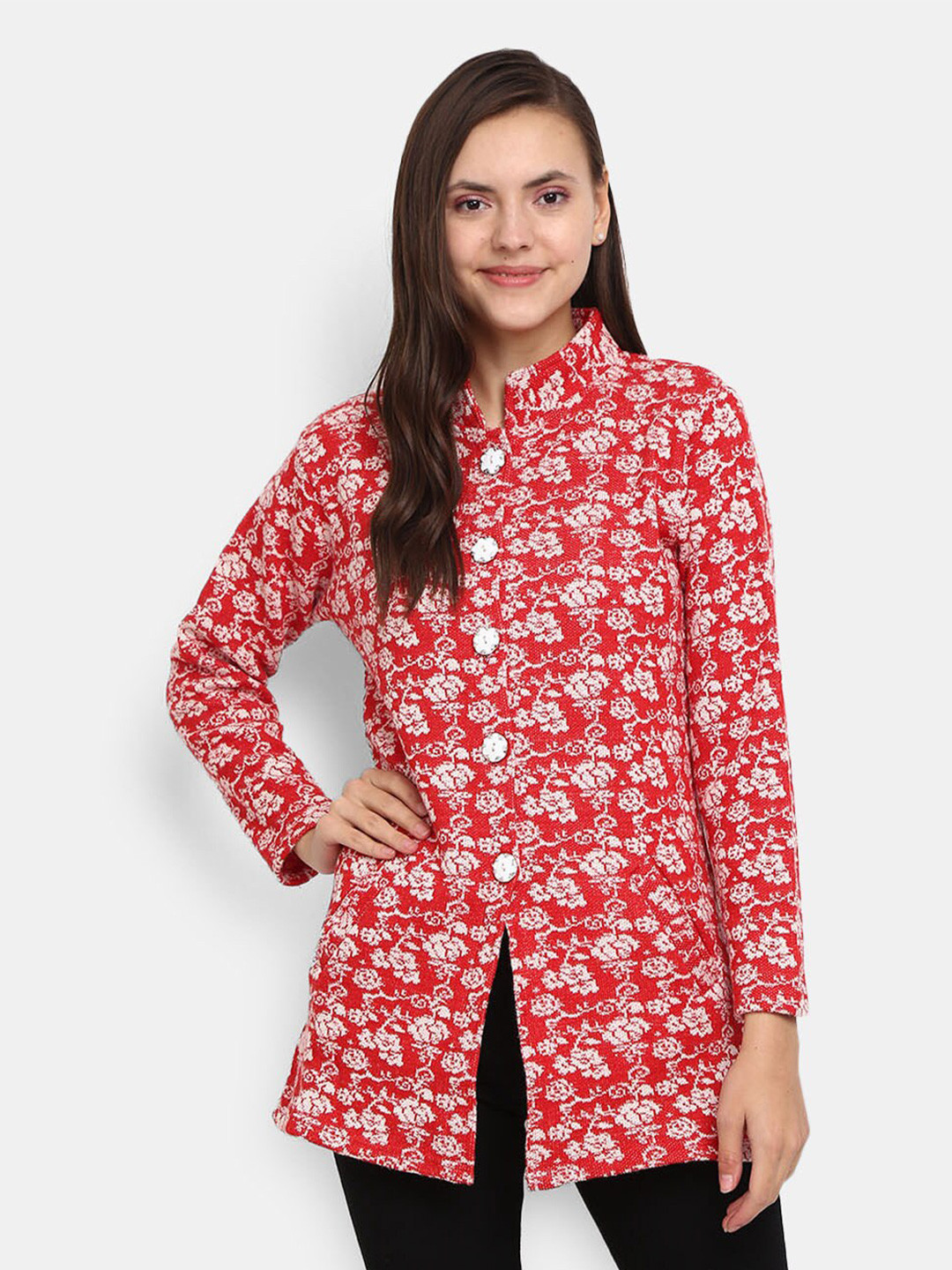 

V-Mart Women Red & White Mandarin Collar Cardigan