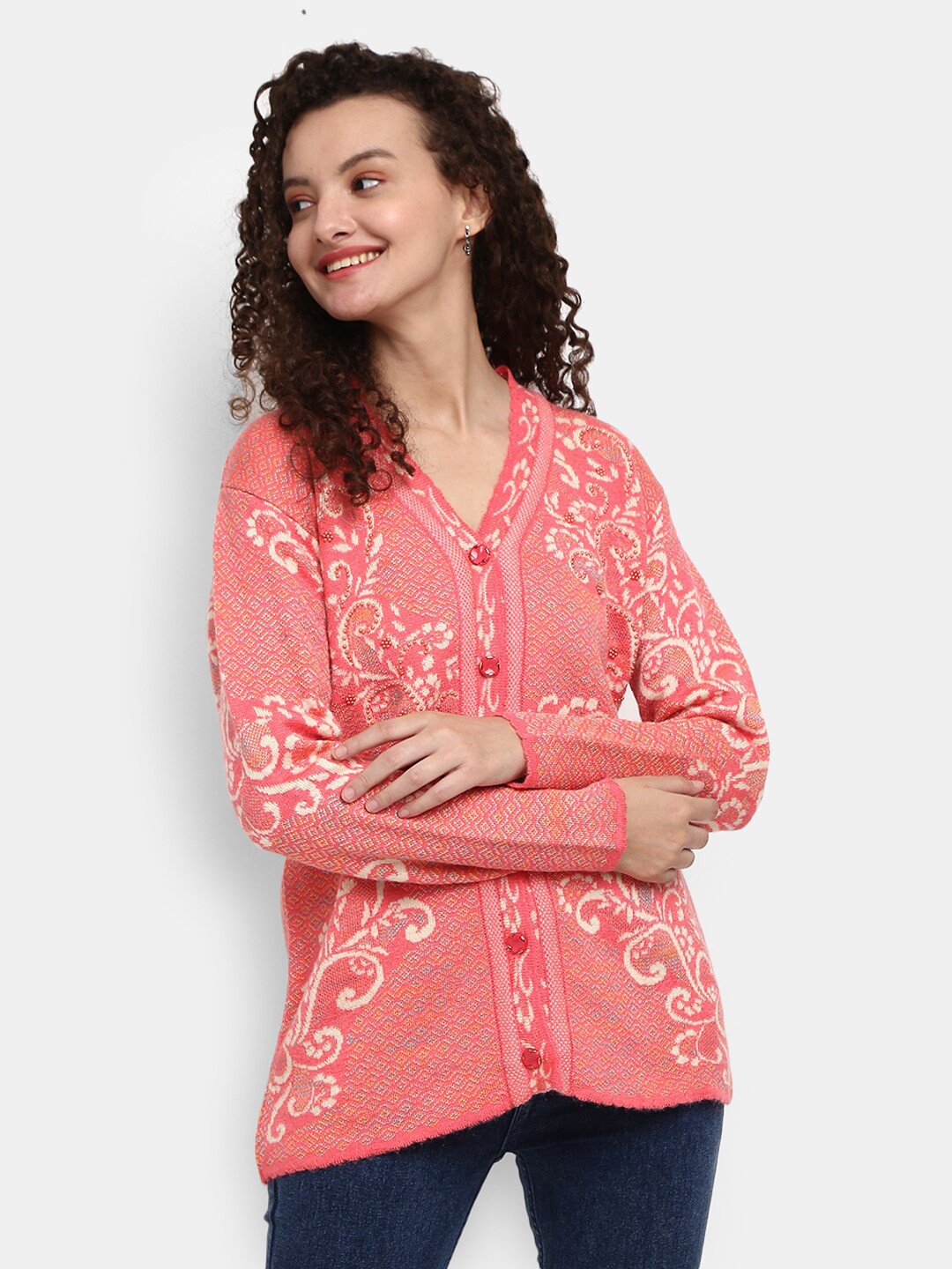 

V-Mart Women Pink Self Design V Neck Cardigan