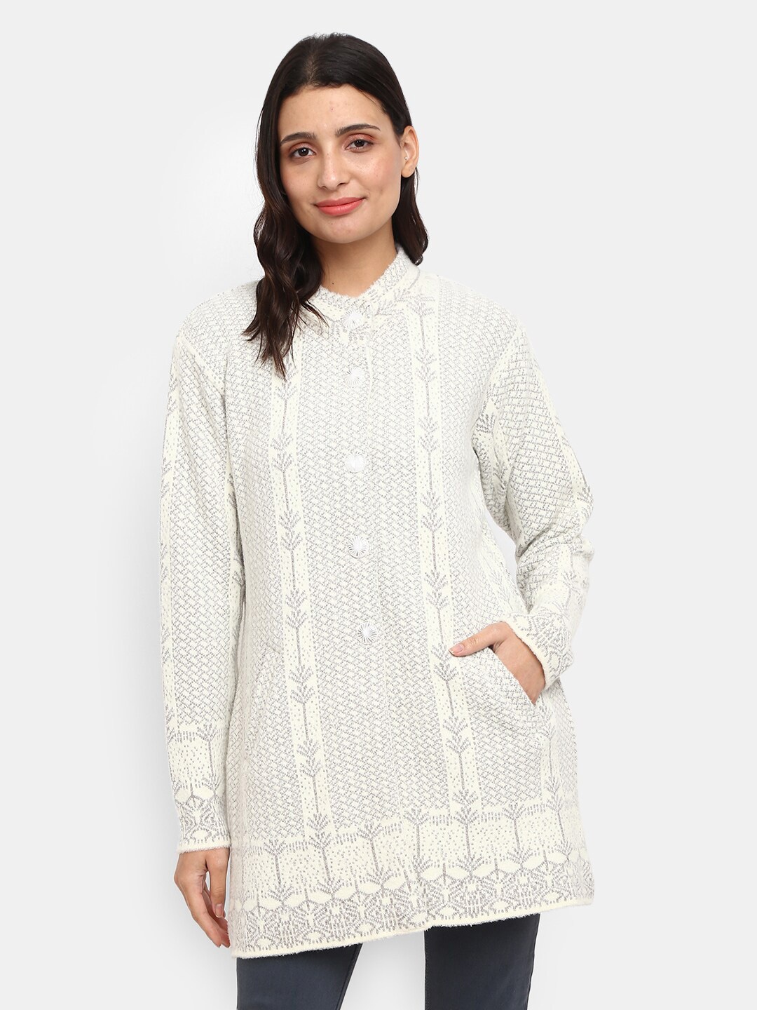 

V-Mart Women Off White Mandarin Collar Fleece Cardigan