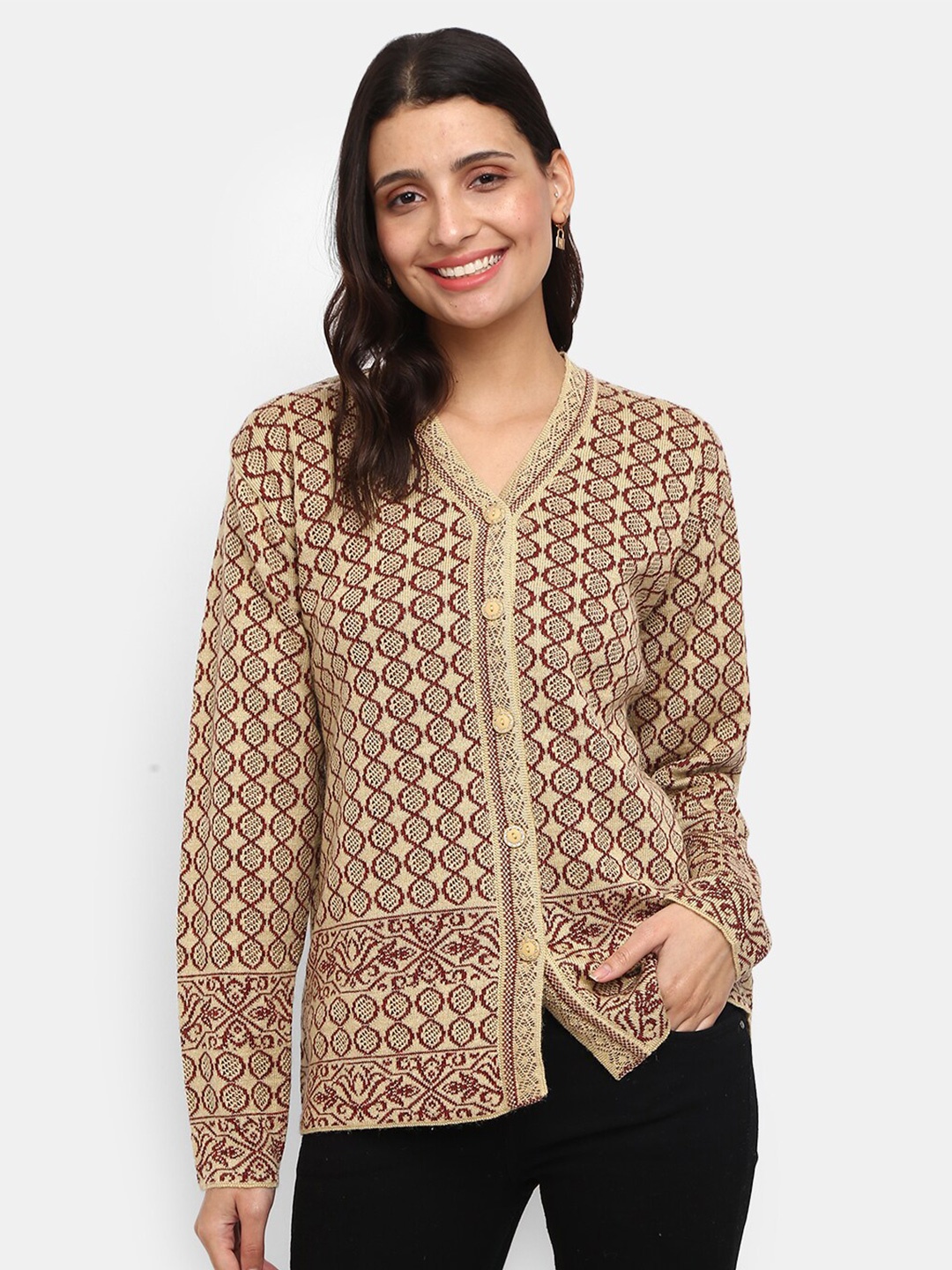 

V-Mart Women Brown & Maroon Self Design V Neck Cardigan