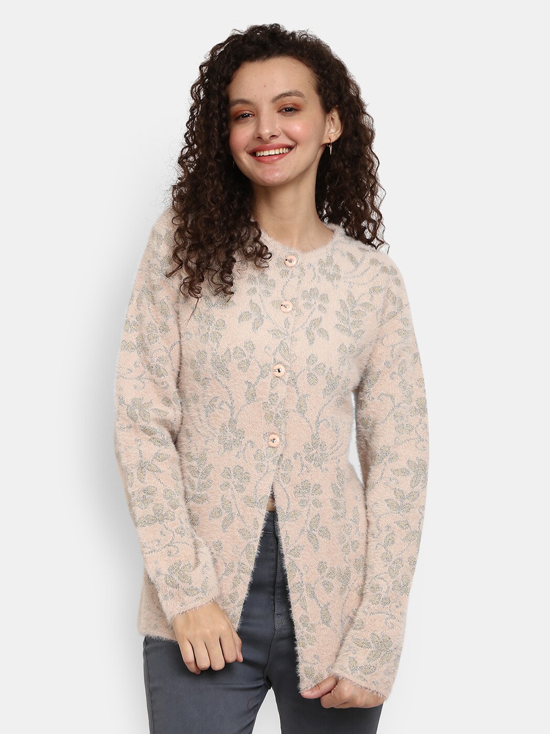 

V-Mart Women Peach-Coloured Self Design Round Neck Fleece Cardigan