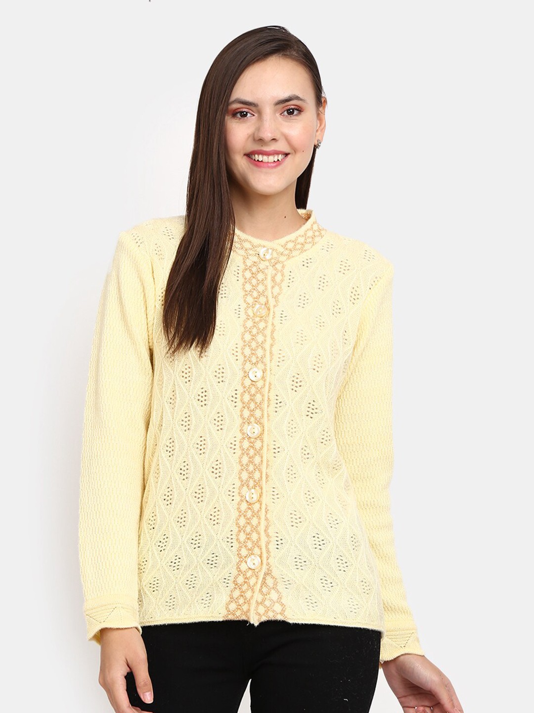 

V-Mart Women Yellow Self Design Round Neck Cardigan