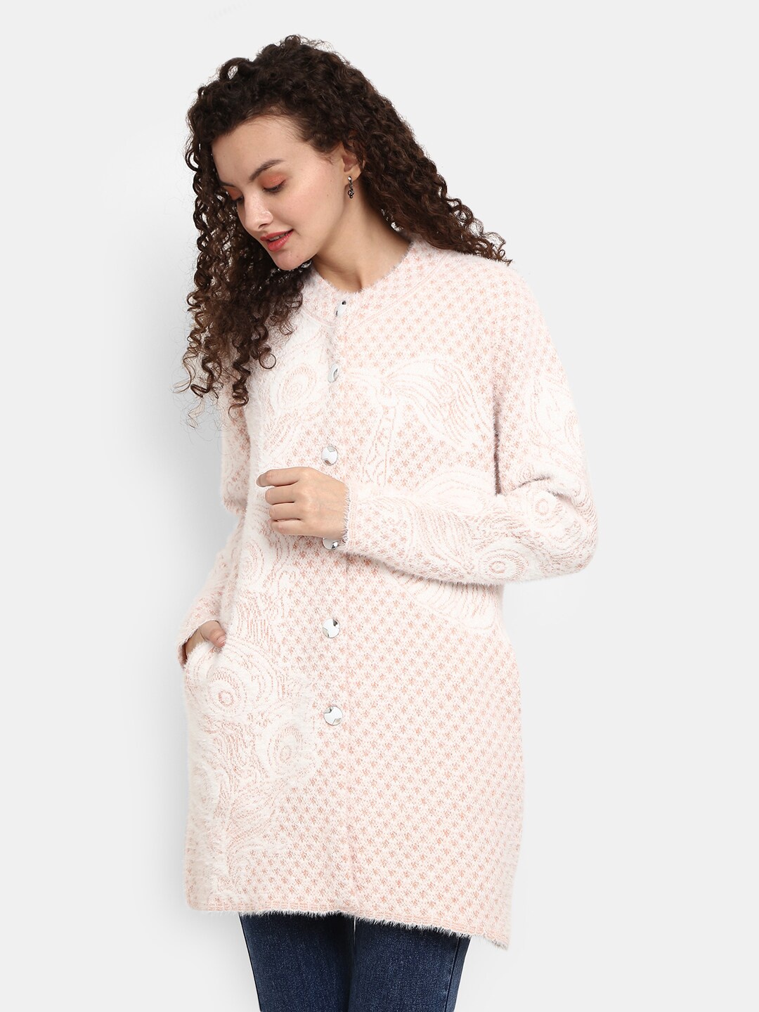 

V-Mart Women Cream-Coloured Self Design Round Neck Cardigan