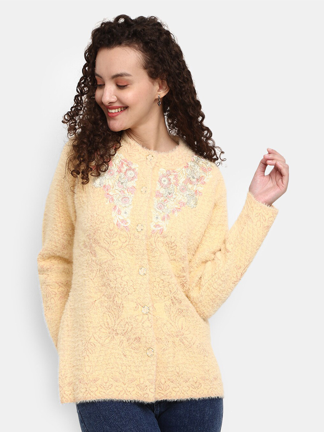 

V-Mart Women Yellow Floral Cardigan with Embroidered Detail