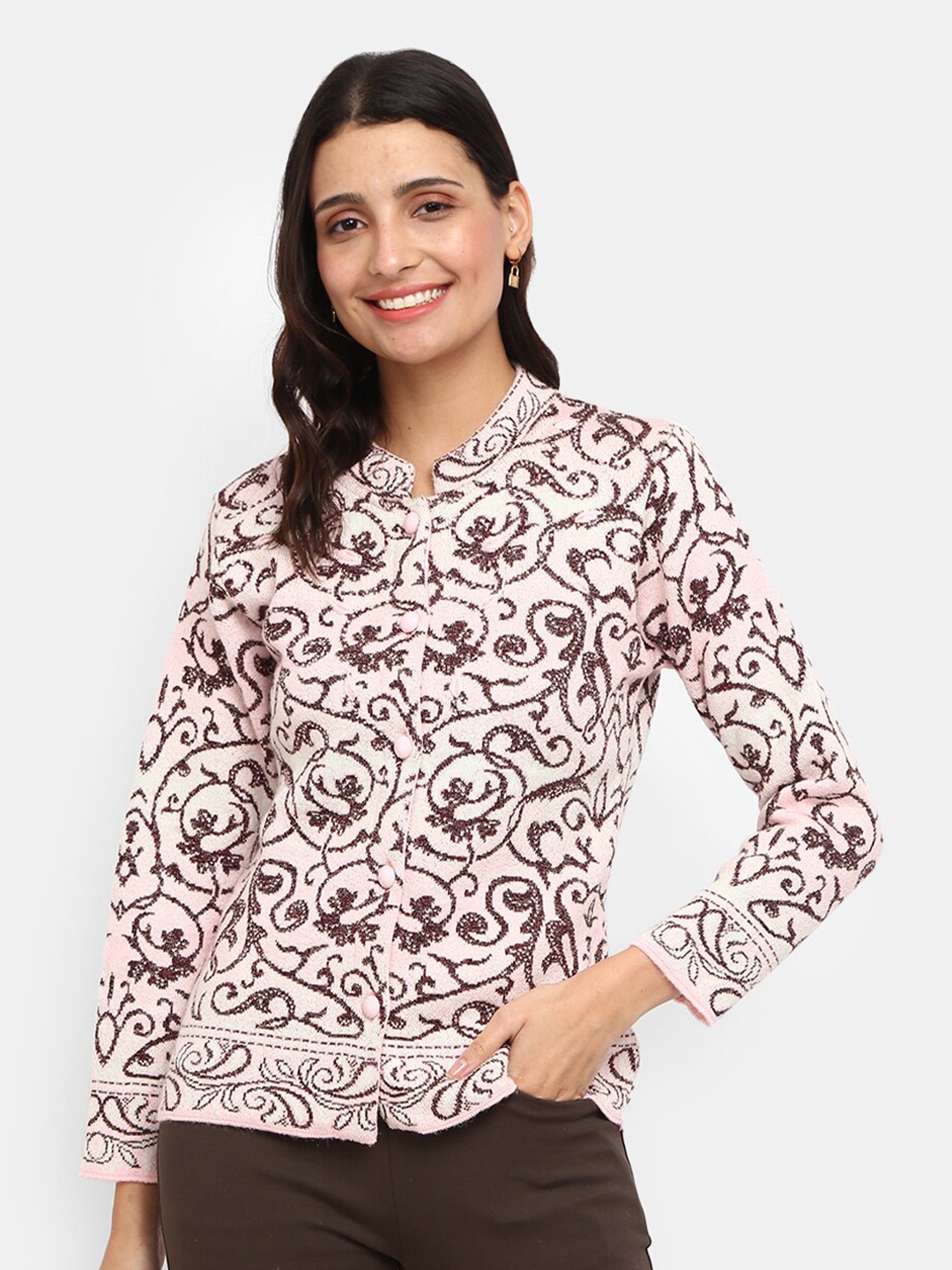 

V-Mart Women Pink & Brown Floral Mandarin Collar Cardigan