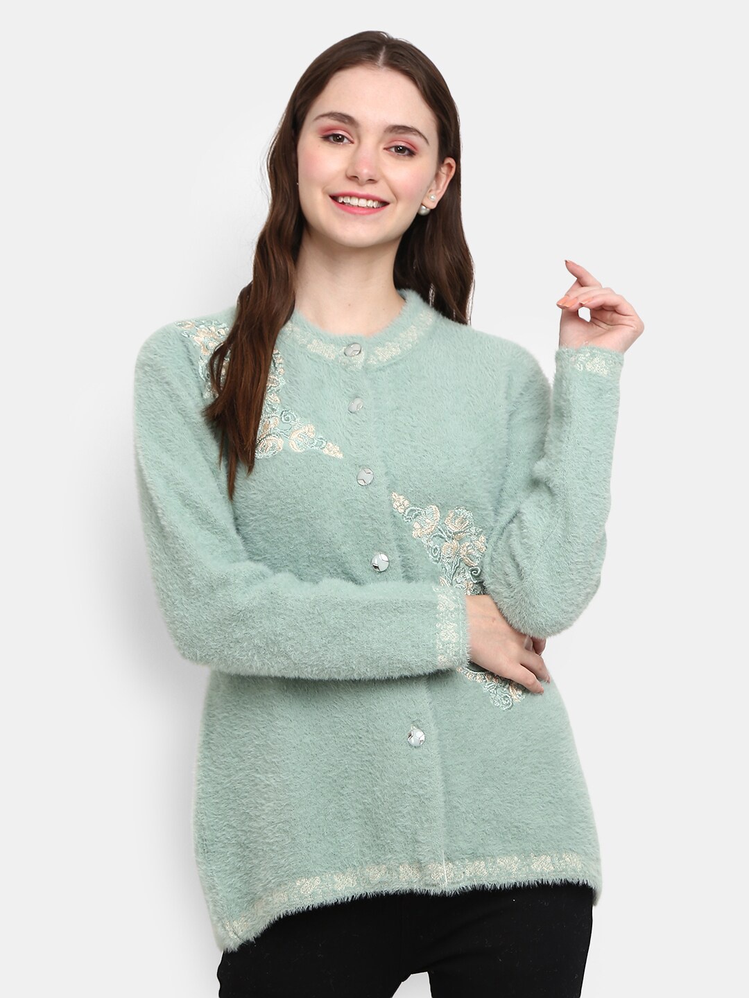 

V-Mart Women Sea Green Self Design Round Neck Cardigan